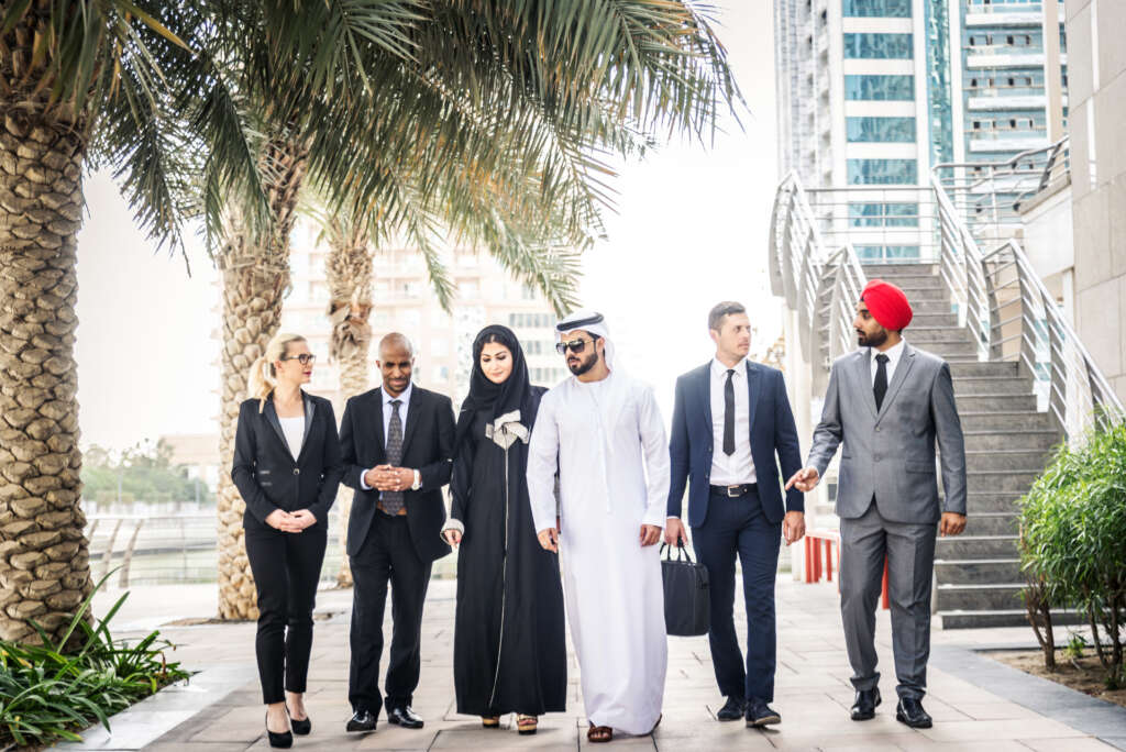 Multicultural-business-people-collaborating-in-the-Middle-East